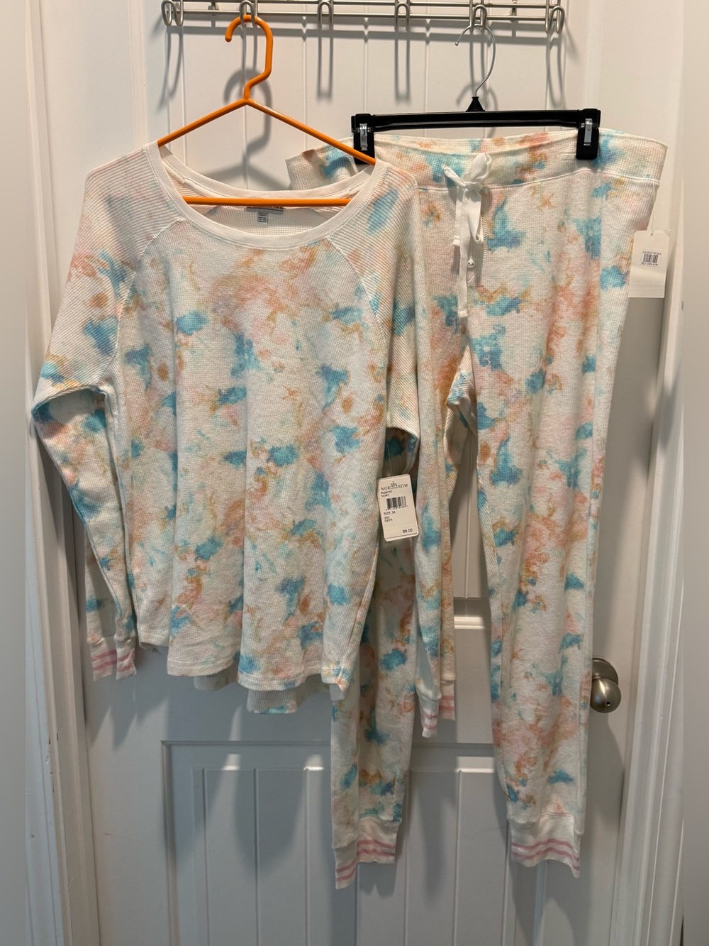 P.J. Salvage Tie Dye Waffle Knit Lounge Set Ivory Pastel Joggers